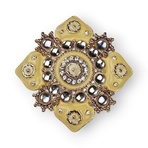 Vintage Cream Enamel Flower Brooch Mirrored Lucite Cabochon Gold Plated Floral